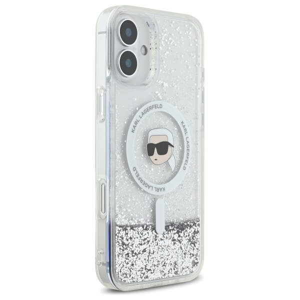 Karl Lagerfeld iPhone 16 Plus - Liquid Glitter Karl Head MagSafe - Σκληρή Θήκη με Πλαίσιο Σιλικόνης - Διάφανη - KLHMP16MLGKISGH