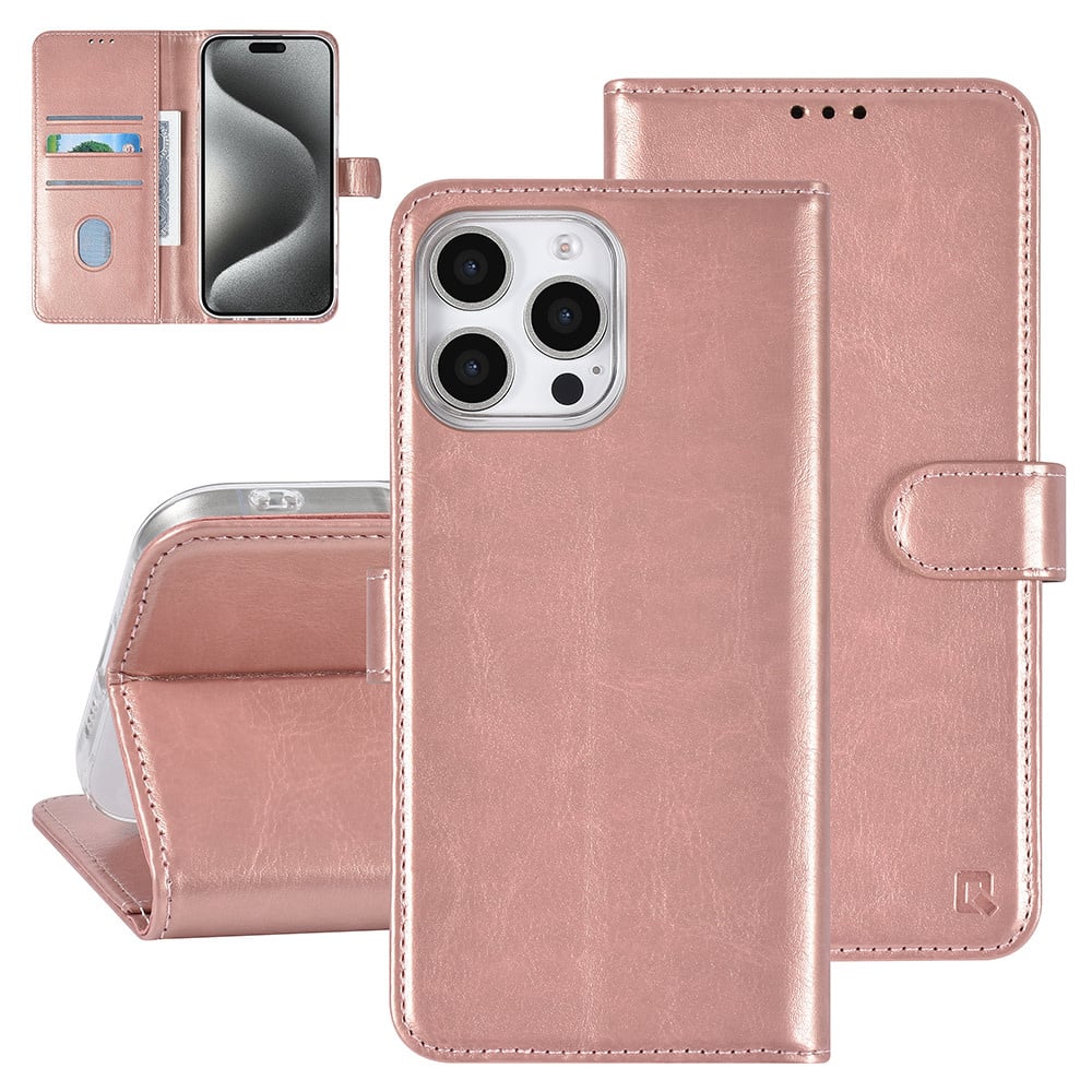 Tuniq iPhone 16 Pro Max - Θήκη Πορτοφόλι Stand από Δερματίνη - Rose Gold