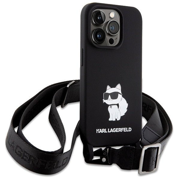Karl Lagerfeld iPhone 15 Pro Crossbody Silicone Choupette Σκληρή Θήκη με Πλαίσιο Σιλικόνης και Λουράκι - Black - KLHCP15LSCBSCNK