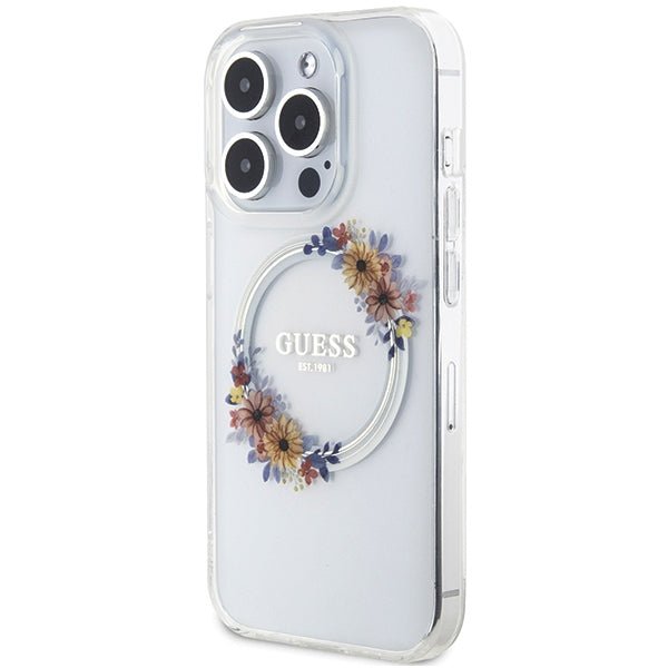 Guess iPhone 15 Pro IML Flowers Wreatch MagSafe Σκληρή Θήκη με Πλαίσιο Σιλικόνης και MagSafe - Διάφανη - GUHMP15LHFWFCT