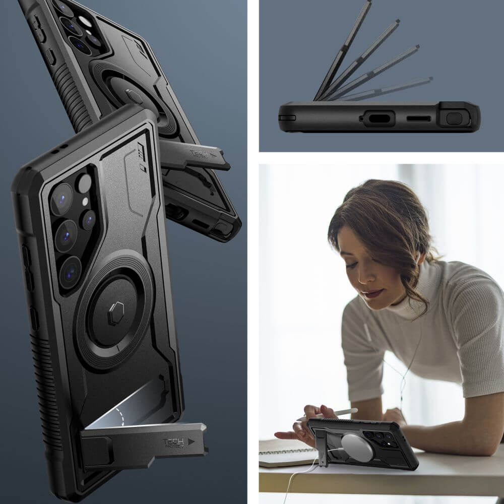 Tech - Protect Samsung Galaxy S24 Ultra Kevlar MagSafe+ Σκληρή Θήκη με Προστασία για την Οθόνη και Stand - Black