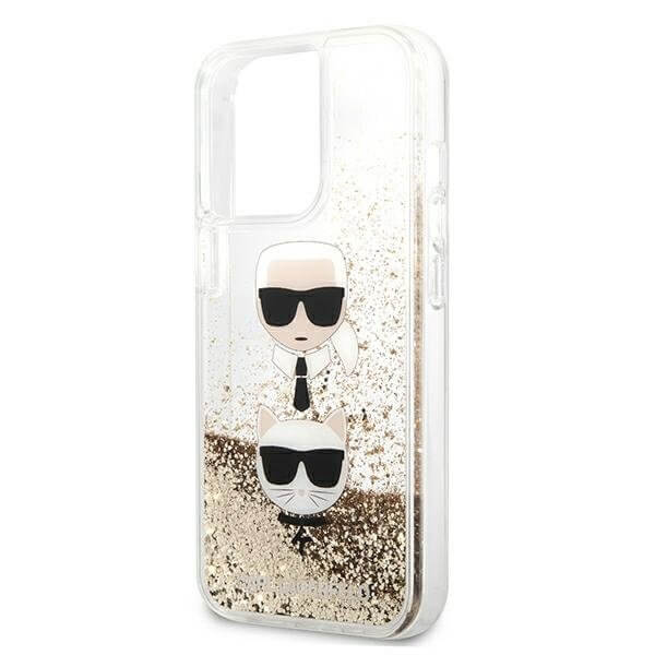 Karl Lagerfeld iPhone 13 Pro Max - Liquid Glitter Karl and Choupette Σκληρή Θήκη με Πλαίσιο Σιλικόνης - Gold - KLHCP13XKICGLD