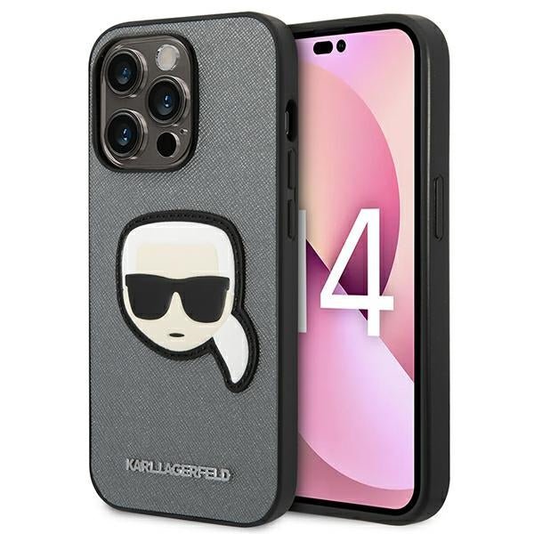 Karl Lagerfeld iPhone 14 Pro - Saffiano Karl's Head Patch Σκληρή Θήκη με Επένδυση Συνθετικού Δέρματος και Πλαίσιο Σιλικόνης - Silver - KLHCP14LSAPKHG