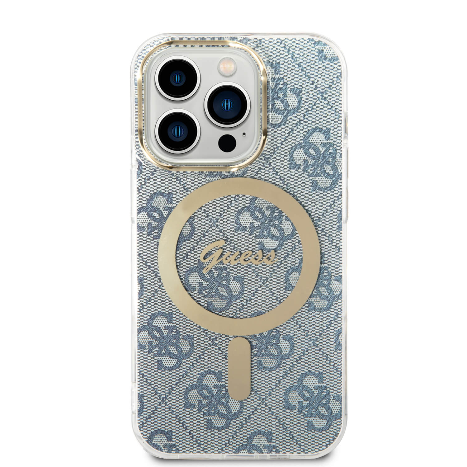 Guess iPhone 14 Pro - Bundle Pack MagSafe - Σετ Σκληρή Θήκη με Πλαίσιο Σιλικόνης και Ασύρματος Φορτιστής MagSafe - Design 4G and Gold - Blue - GUBPP14LH4EACSB