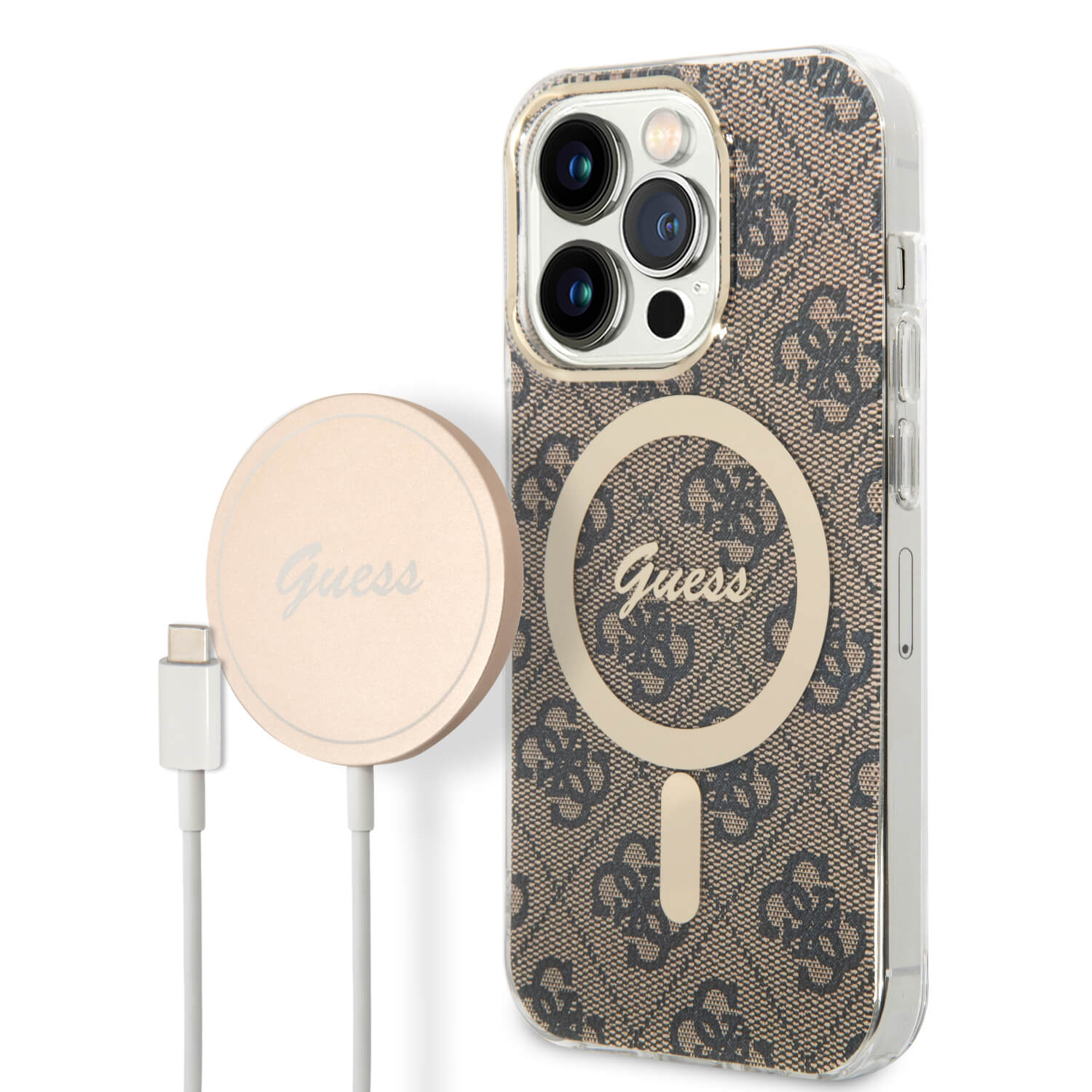 Guess iPhone 14 Pro Max - Bundle Pack MagSafe - Σετ Σκληρή Θήκη με Πλαίσιο Σιλικόνης και Ασύρματος Φορτιστής MagSafe - Design 4G and Gold - Brown - GUBPP14XH4EACSW