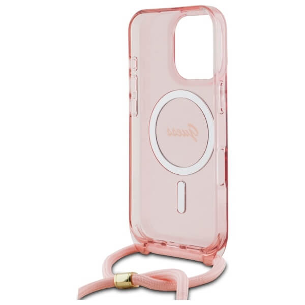 Guess iPhone 16 Pro - Crossbody Cord Script MagSafe - Σκληρή Θήκη με Πλαίσιο Σιλικόνης και Λουράκι - Pink - GUHMP16LHCTSGNSP