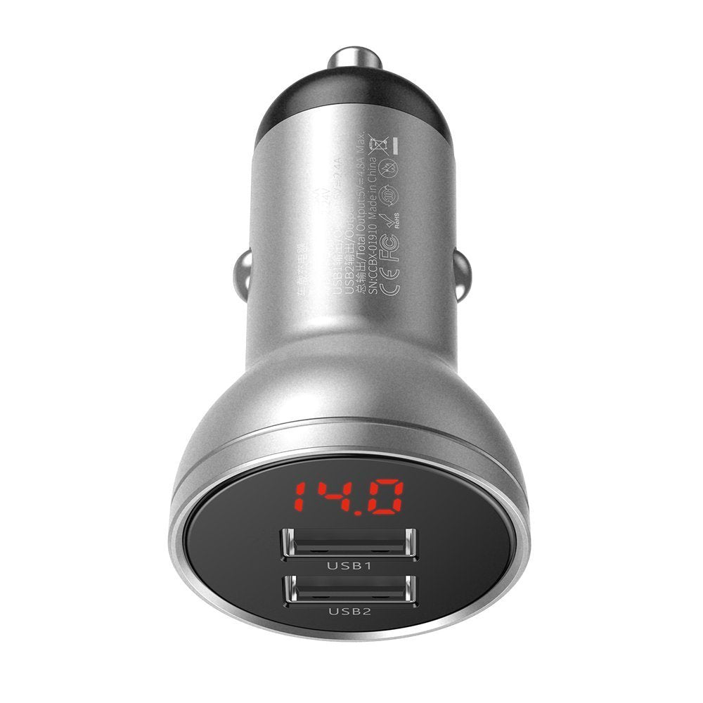 Baseus Digital Display Φορτιστής Αυτοκινήτου 4.8A με Δύο Θύρες USB - Silver - CCBX - 0S