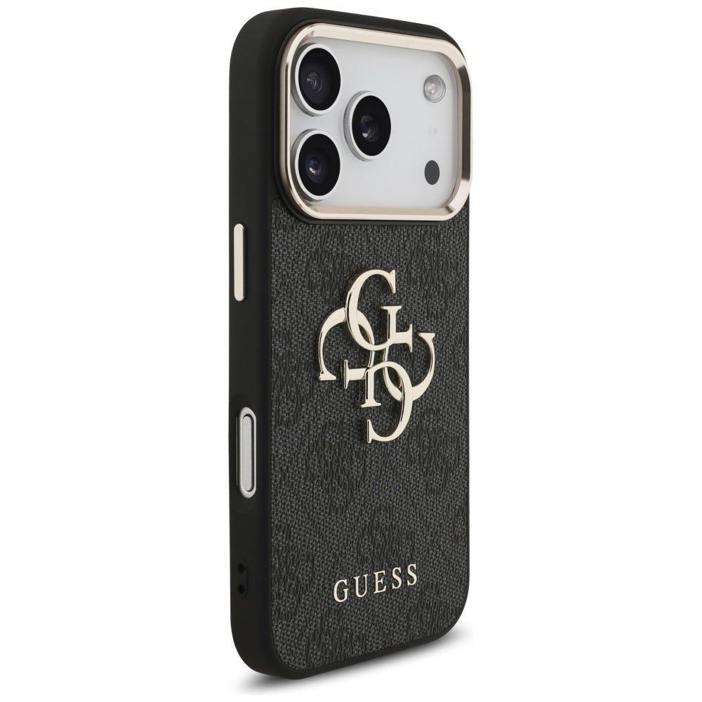 Guess iPhone 17 Pro - 4G Big 4G Classic Logo - Σκληρή Θήκη με Πλαίσιο Σιλικόνης και Επένδυση από Οικολογικό Δέρμα - Black / Gold - GUHCP17L4GMGCGR