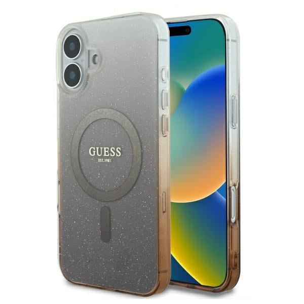 Guess iPhone 16 Plus - IML Glitter Gradient - MagSafe Σκληρή Θήκη με Πλαίσιο Σιλικόνης - Brown - GUHMP16MHGRCELW