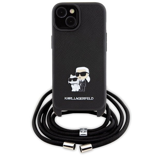 Karl Lagerfeld iPhone 15 - Crossbody Saffiano Metal Pin Karl Choupette Σκληρή Θήκη με Επένδυση Συνθετικού Δέρματος και Λουράκι - Black - KLHCP15SSAKCPSK