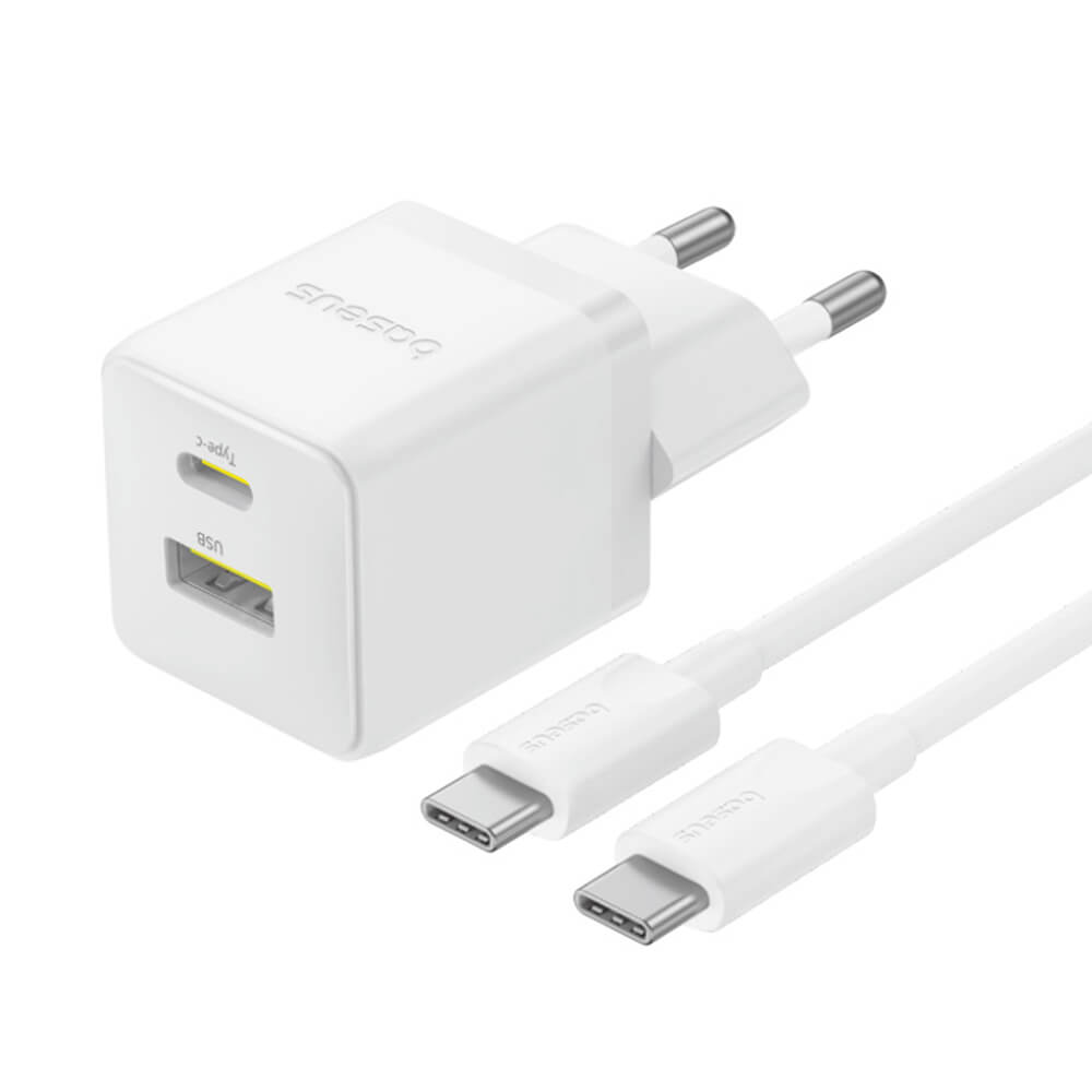 Baseus Palm Οικιακός Φορτιστής Γρήγορης Φόρτισης 30W με 1 Θύρα Type - C και 1 Θύρα USB και Καλώδιο Type - C to Type - C - Moon White