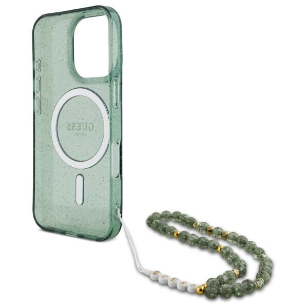 Guess iPhone 16 Pro Max - IML Glitter With Pearl Strap - MagSafe Σκληρή Θήκη με Πλαίσιο Σιλικόνης και Λουράκι - Green - GUHMP16XHGCRELSA
