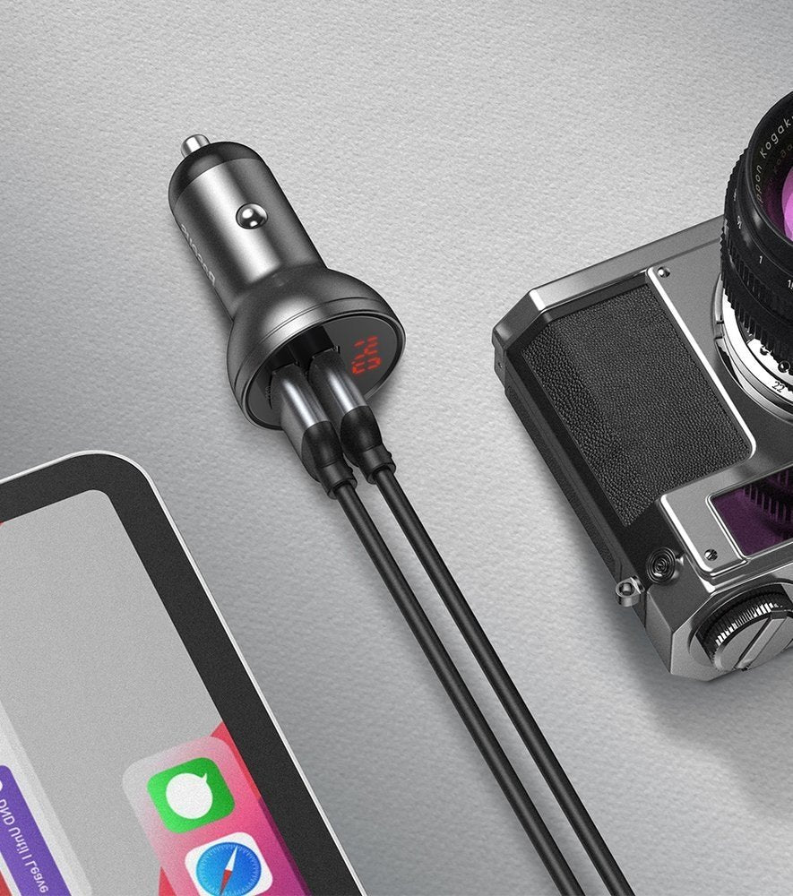 Baseus Digital Display Φορτιστής Αυτοκινήτου 4.8A με Δύο Θύρες USB και Καλώδιο Lightning / Type - C / Micro USB - Black - TZCCBX - 0G