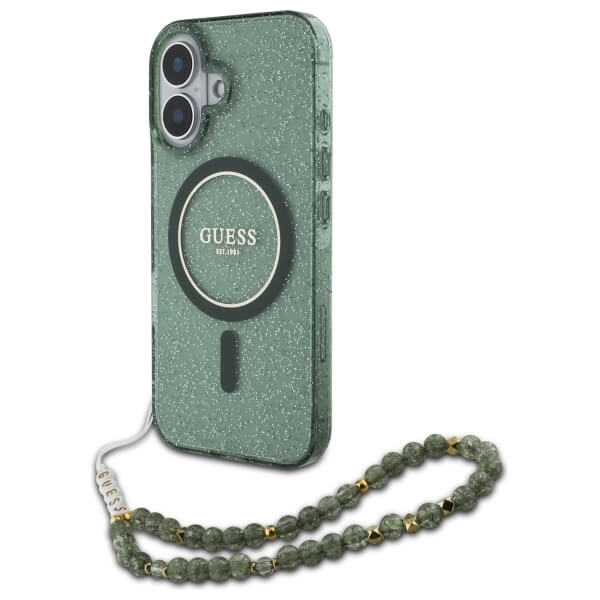 Guess iPhone 16 Plus - IML Glitter With Pearl Strap - MagSafe Σκληρή Θήκη με Πλαίσιο Σιλικόνης και Λουράκι - Green - GUHMP16MHGCRELSA