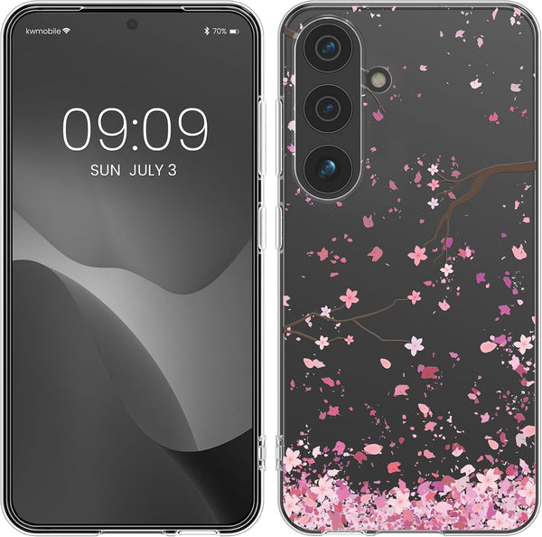 KW Samsung Galaxy S24 Λεπτή Θήκη Σιλικόνης TPU - Design Cherry Blossom Petals - Pink / Dark Brown / Διάφανη