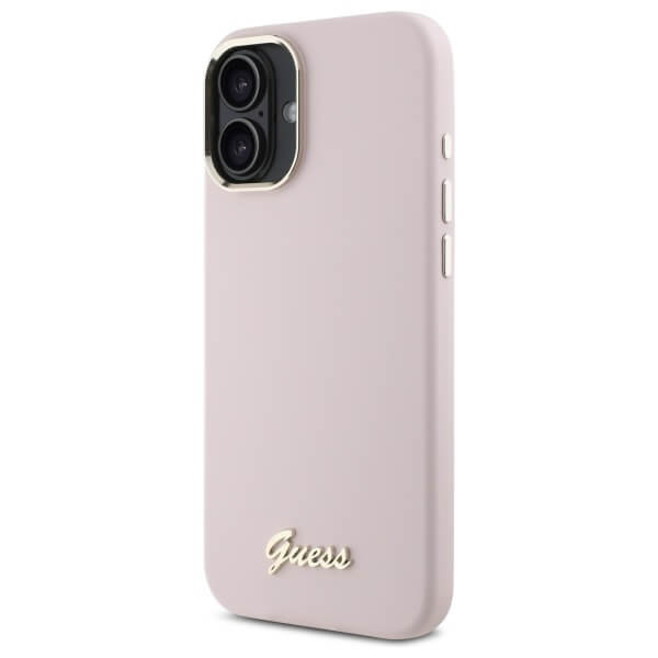 Guess iPhone 16 - Silicone Script Metal Logo and Frame - Σκληρή Θήκη με Πλαίσιο Σιλικόνης - Pink - GUHCP16SSMBSLP