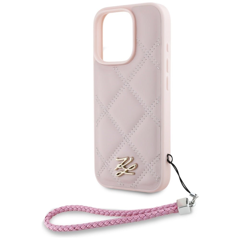 Karl Lagerfeld iPhone 16 Pro - Quilted Initial Logo and Chain Strap - Θήκη με Επένδυση Συνθετικού Δέρματος και Λουράκι - Pink - KLHCP16LPSQSKLSMSP