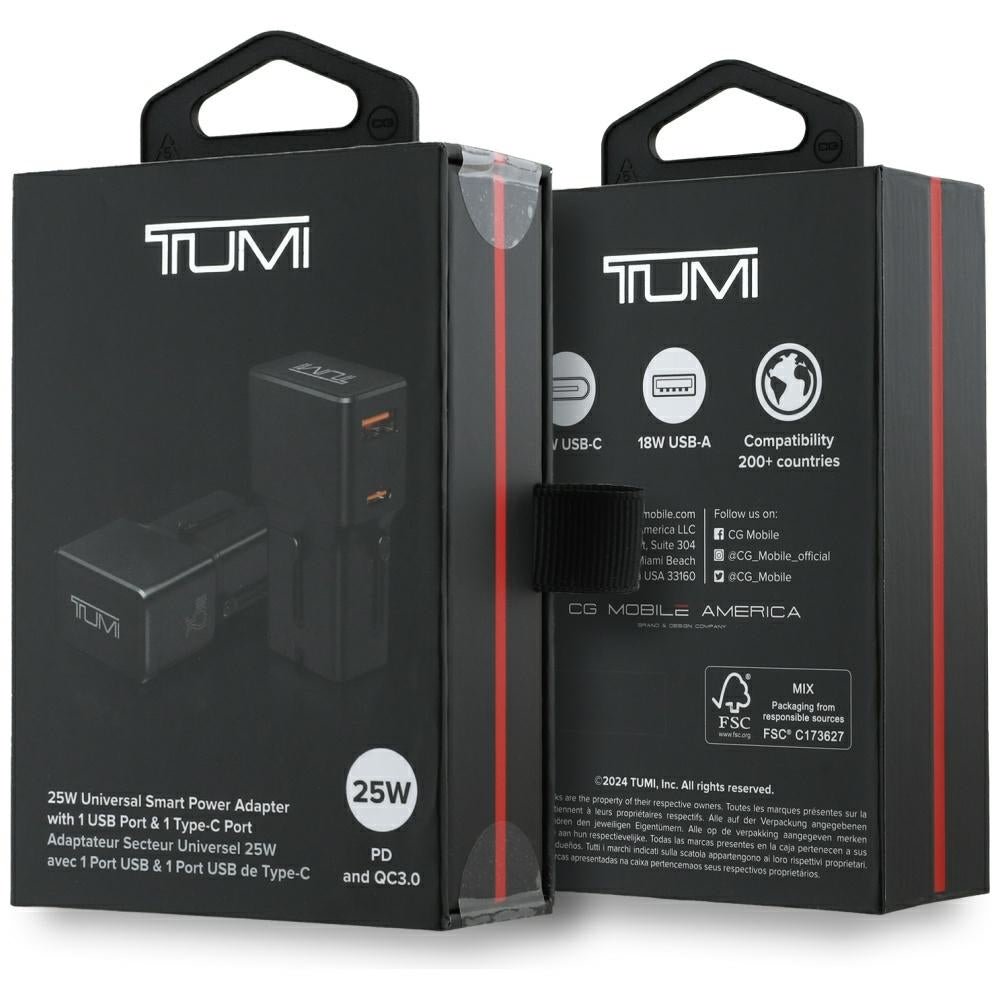 Tumi Travel Adapter Power Charger 25W Φορτιστής Ταξιδίου με 1 Θύρα Type - C και μία Θύρα USB - Black