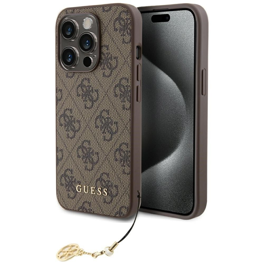 Guess iPhone 15 Pro - 4G Charms Collection Θήκη με Επένδυση Συνθετικού Δέρματος - Brown - GUHCP15LGF4GBR