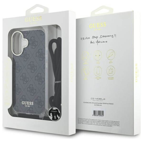 Guess iPhone 16 - Crossbody Cord 4G Print - Σκληρή Θήκη με Πλαίσιο Σιλικόνης και Λουράκι - Black - GUHCP16SHC4SEK