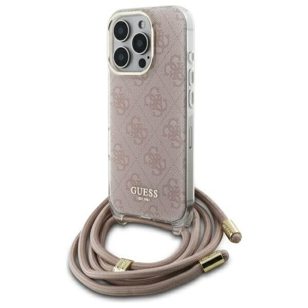 Guess iPhone 16 Pro Max Crossbody Cord 4G Print Σκληρή Θήκη με Πλαίσιο Σιλικόνης και Λουράκι - Pink - GUHCP16XHC4SEP