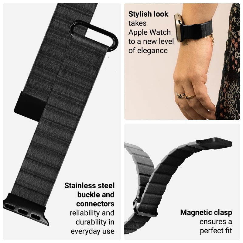 Crong Λουράκι Apple Watch 4/5/6/7/8/9/10/11 - SE (1/2/3) - ULTRA (1/2/3) - 44/45/46/49mm από Συνθετικό Δέρμα - Eclipse Magnetic - Black