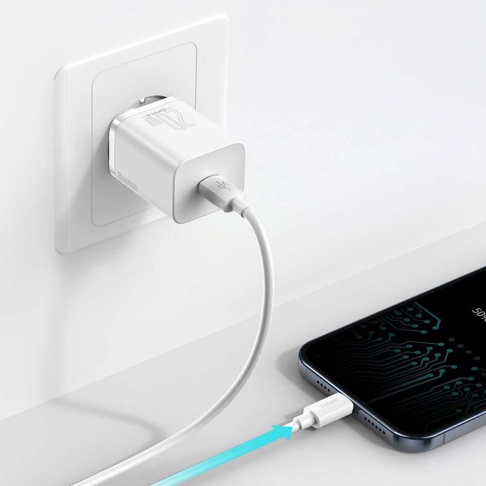 Baseus Super Si PD 20W Οικιακός Φορτιστής με Θύρα Type - C και καλώδιο Type - C to Lightning - White - TZCCSUP - B02