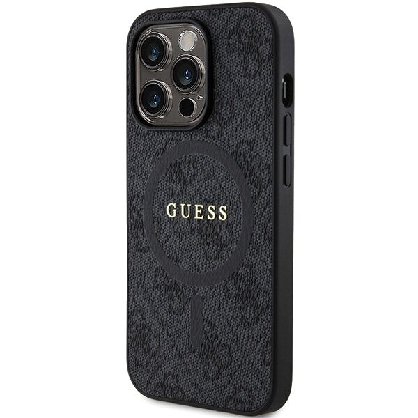Guess iPhone 15 Pro - 4G Collection Leather Metal Logo MagSafe Θήκη με Επένδυση Συνθετικού Δέρματος και MagSafe - Black - GUHMP15LG4GFRK