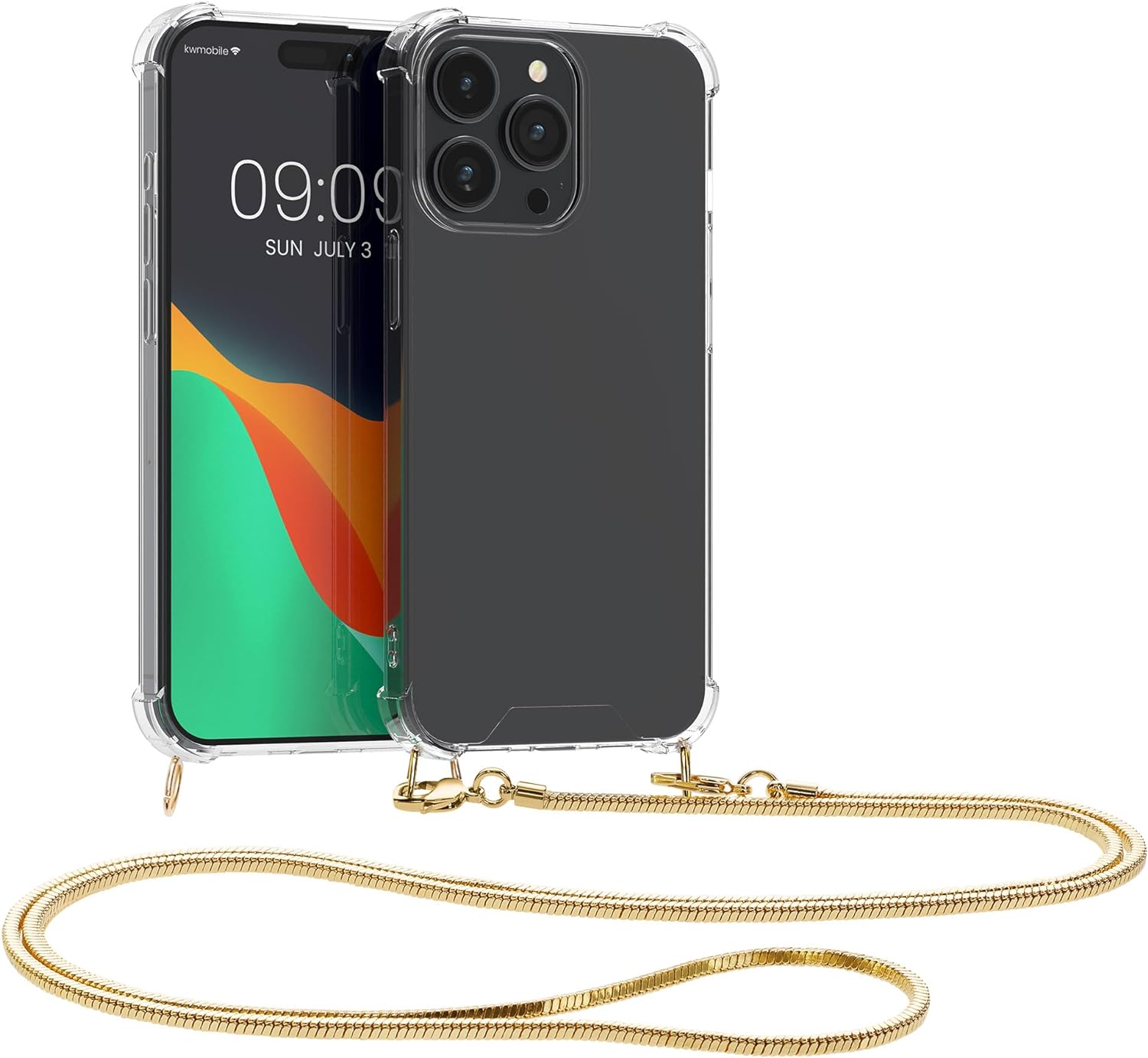 KW iPhone 15 Pro Max Θήκη Σιλικόνης TPU με Μεταλλικό Λουράκι - Διάφανη / Gold - 62032.21