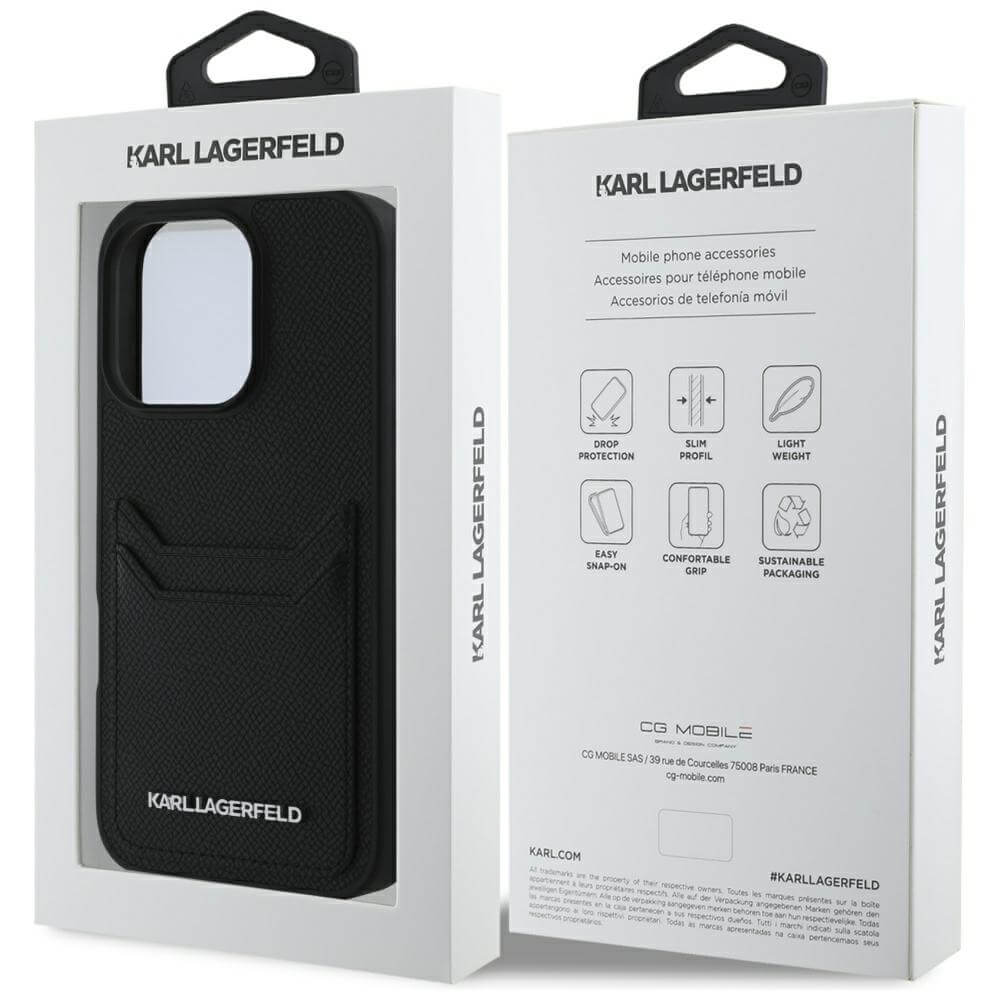 Karl Lagerfeld iPhone 16 Pro - HC Grained PU Cardslot Metal Elong - Σκληρή Θήκη με Επένδυση Συνθετικού Δέρματος και Υποδοχή για Κάρτες - Black - KLHCP16LPKHPORPK