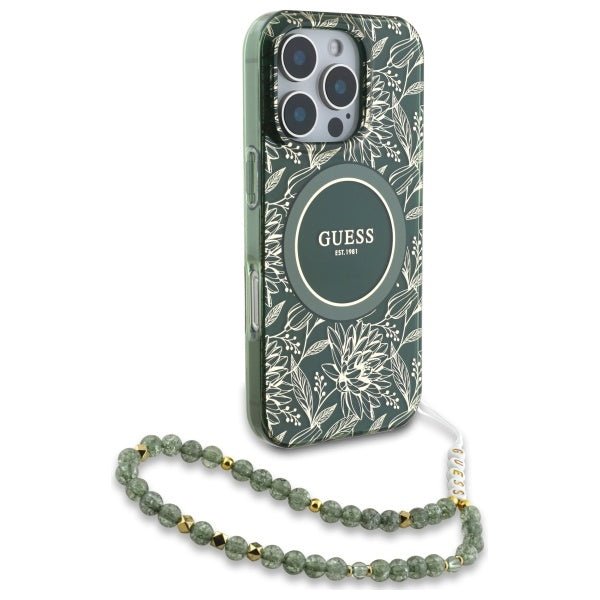 Guess iPhone 16 Pro Max - IML Flowers Allover Electro With Pearl Strap MagSafe - Σκληρή Θήκη με Πλαίσιο Σιλικόνης και Λουράκι - Green - GUHMP16XHCPOFPA