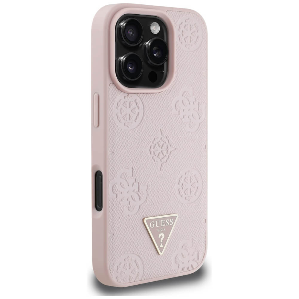 Guess iPhone 16 Pro - Grained Hot Stamp Peony Triangle Logo - MagSafe Σκληρή Θήκη με Επένδυση Συνθετικού Δέρματος - Pink - GUHMP16LPGBTMP
