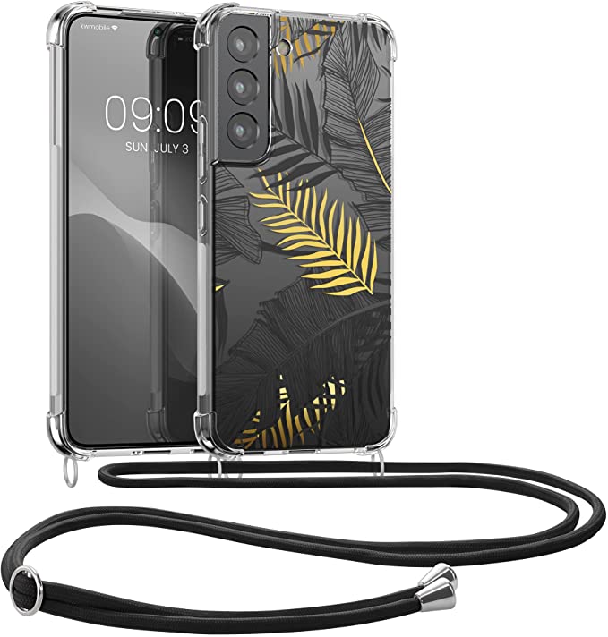 KW Samsung Galaxy S22 Θήκη Σιλικόνης TPU με Λουράκι Design Palm Leaves - Διάφανη / Yellow / Grey - 57746.02