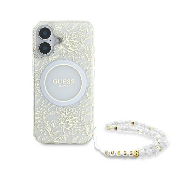 Guess iPhone 16 - IML Flowers Allover Electro With Pearl Strap MagSafe Σκληρή Θήκη με Πλαίσιο Σιλικόνης και Λουράκι - White / Διάφανη - GUHMP16SHCPOFPH