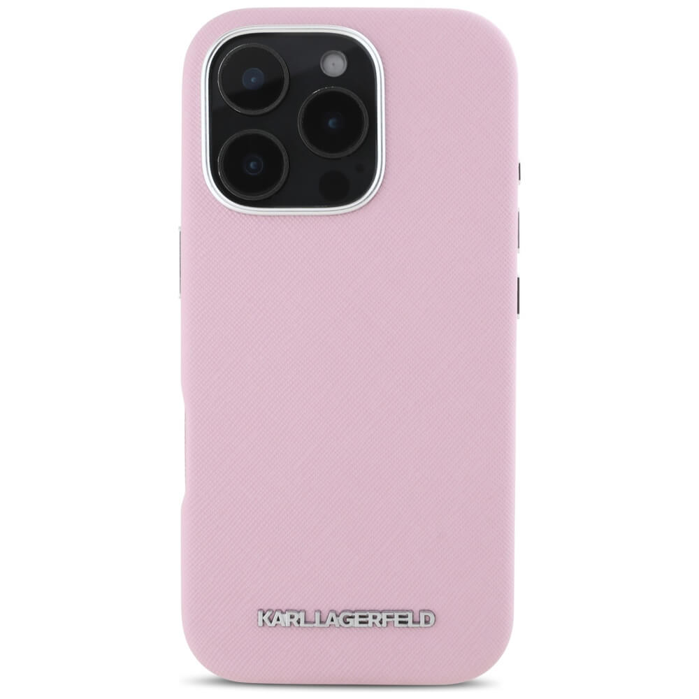 Karl Lagerfeld iPhone 16 Pro Max - Saffiano Full Wrapped Elongated Metal Logo - MagSafe Σκληρή Θήκη με Επένδυση Συνθετικού Δέρματος και Πλαίσιο Σιλικόνης - Pink - KLHMP16XPSAFWMCP
