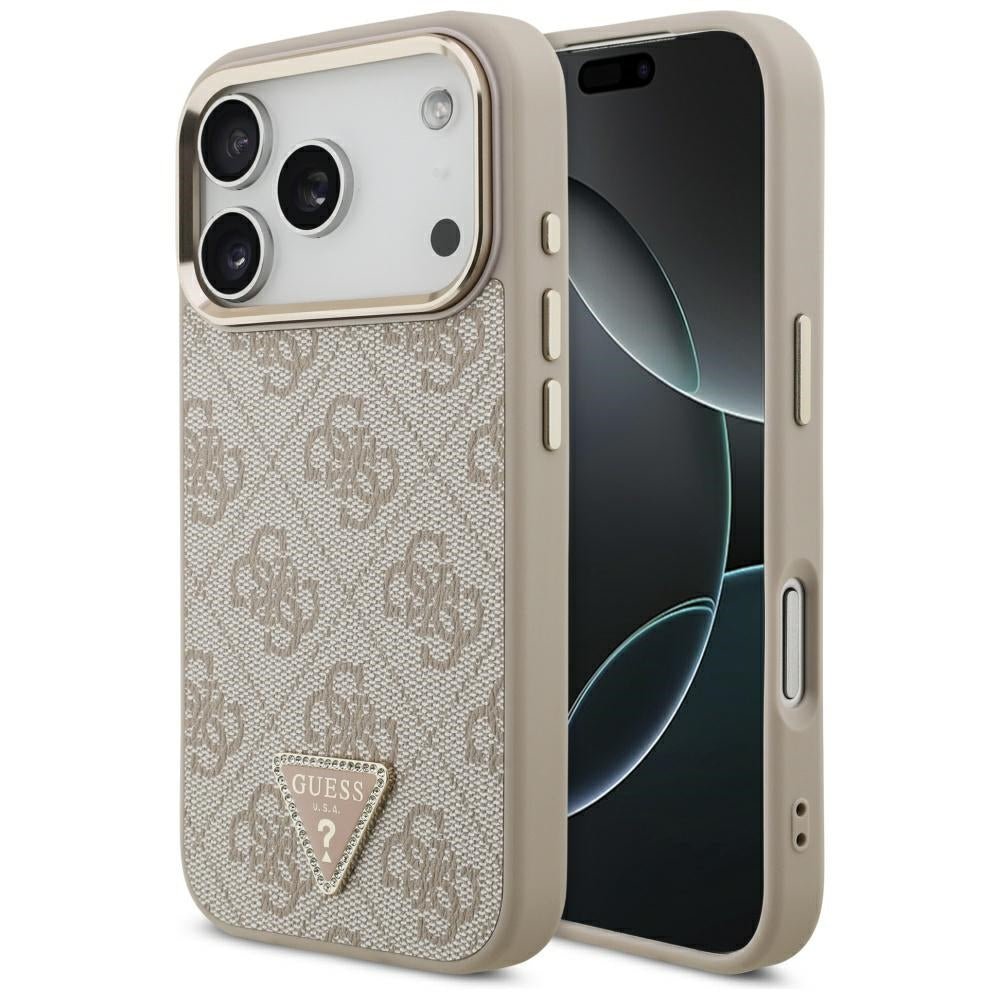 Guess iPhone 17 Pro - 4G Triangle Strass Logo MagSafe - Σκληρή Θήκη με Επένδυση Συνθετικού Δέρματος - Pink / Gold - GUHMP17LP4GTDGMP