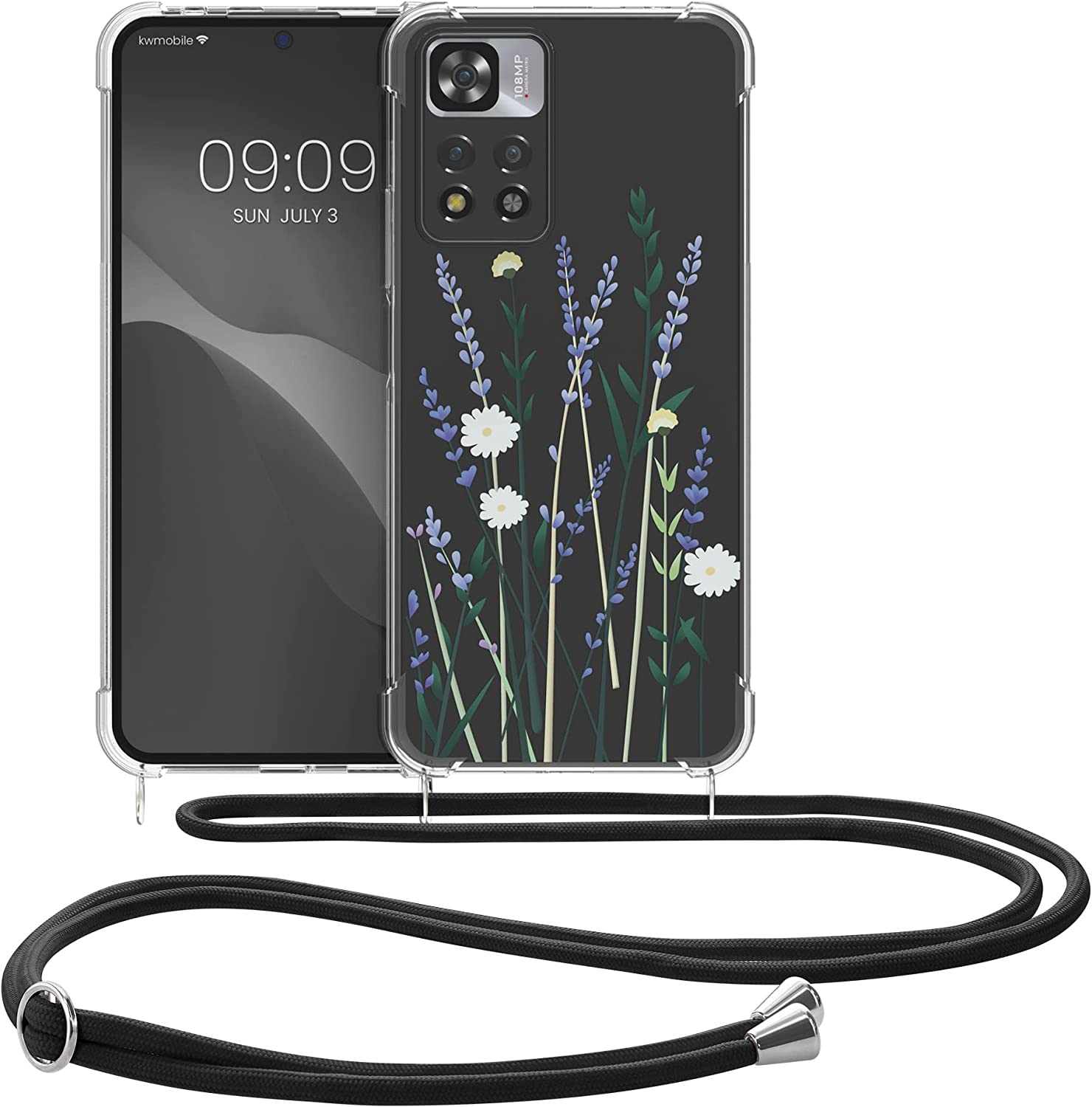 KW Xiaomi Redmi Note 11 Pro+ 5G Θήκη Σιλικόνης TPU με Λουράκι Design Flower Straws - Lavender / Green / Διάφανη - 58101.04