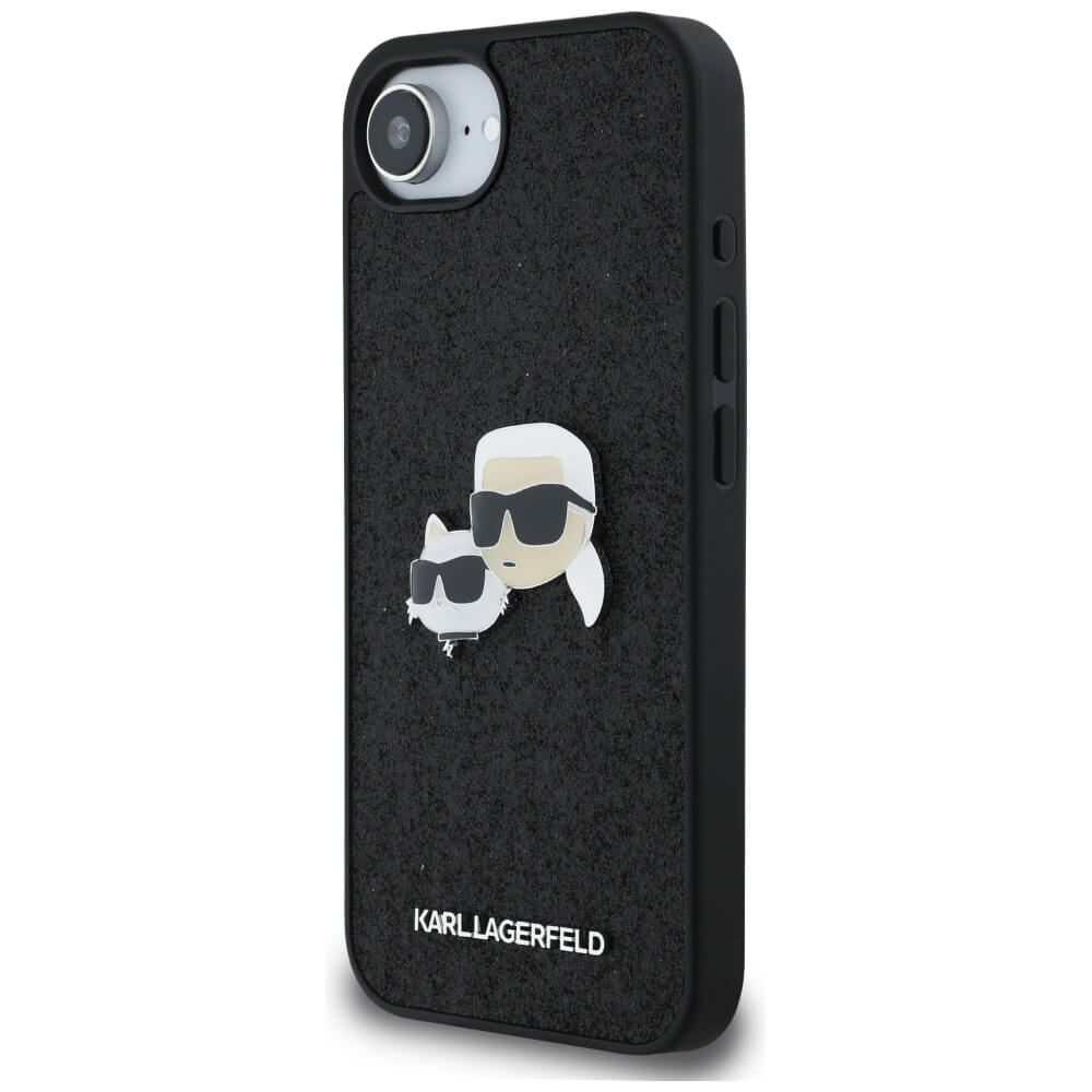 Karl Lagerfeld iPhone 16e - Fixed Glitter Karl and Choupette Heads Metal Pin - Σκληρή Θήκη με Πλαίσιο Σιλικόνης - Black - KLHCPSE4PFGKCPK