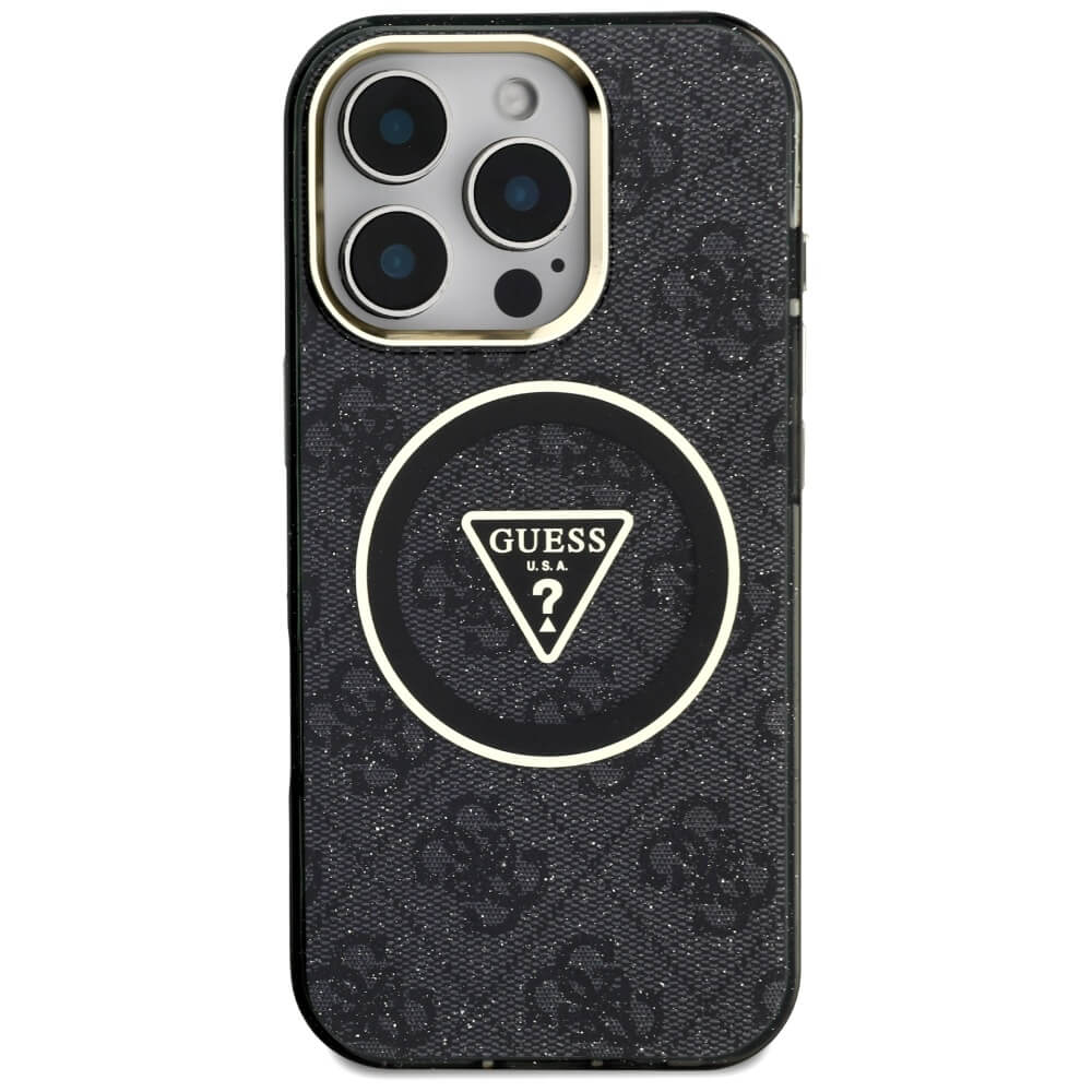 Guess iPhone 16 Pro Max - IML Metal Glitter 4G Circle Triangle MagSafe - Σκληρή Θήκη με Πλαίσιο Σιλικόνης και MagSafe - Black - GUHMP16XHG4PRTGK
