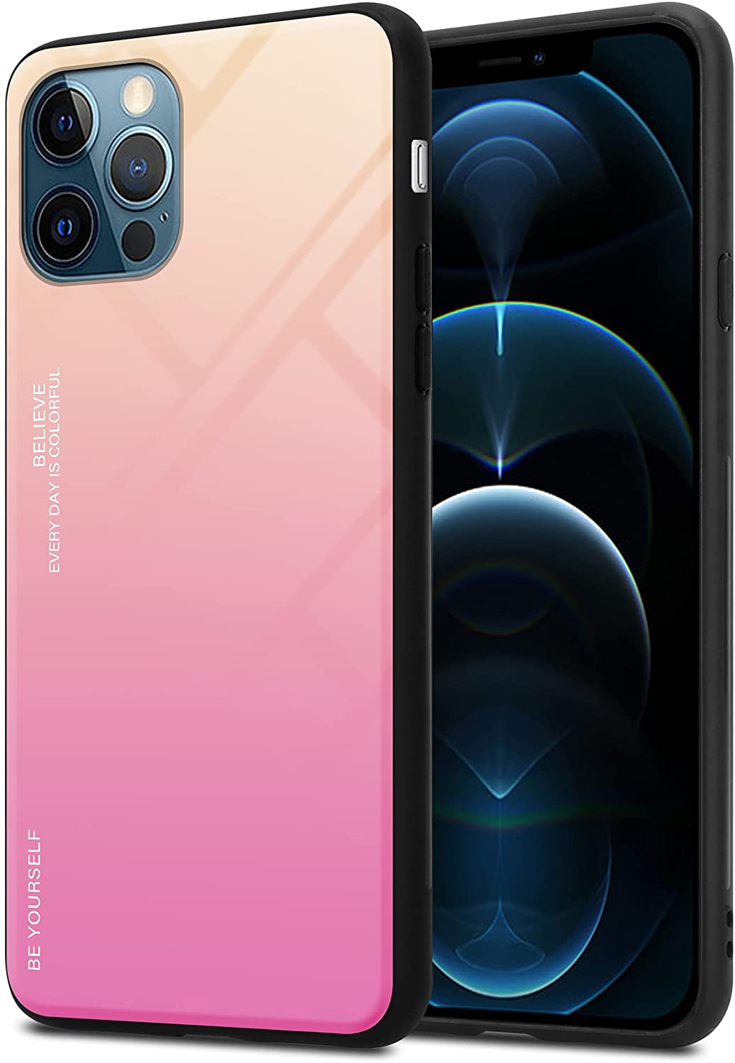 Cadorabo iPhone 12 Pro Max Θήκη με Πλαίσιο Σιλικόνης και Όψη Γυαλιού Tempered Glass - Yellow / Pink