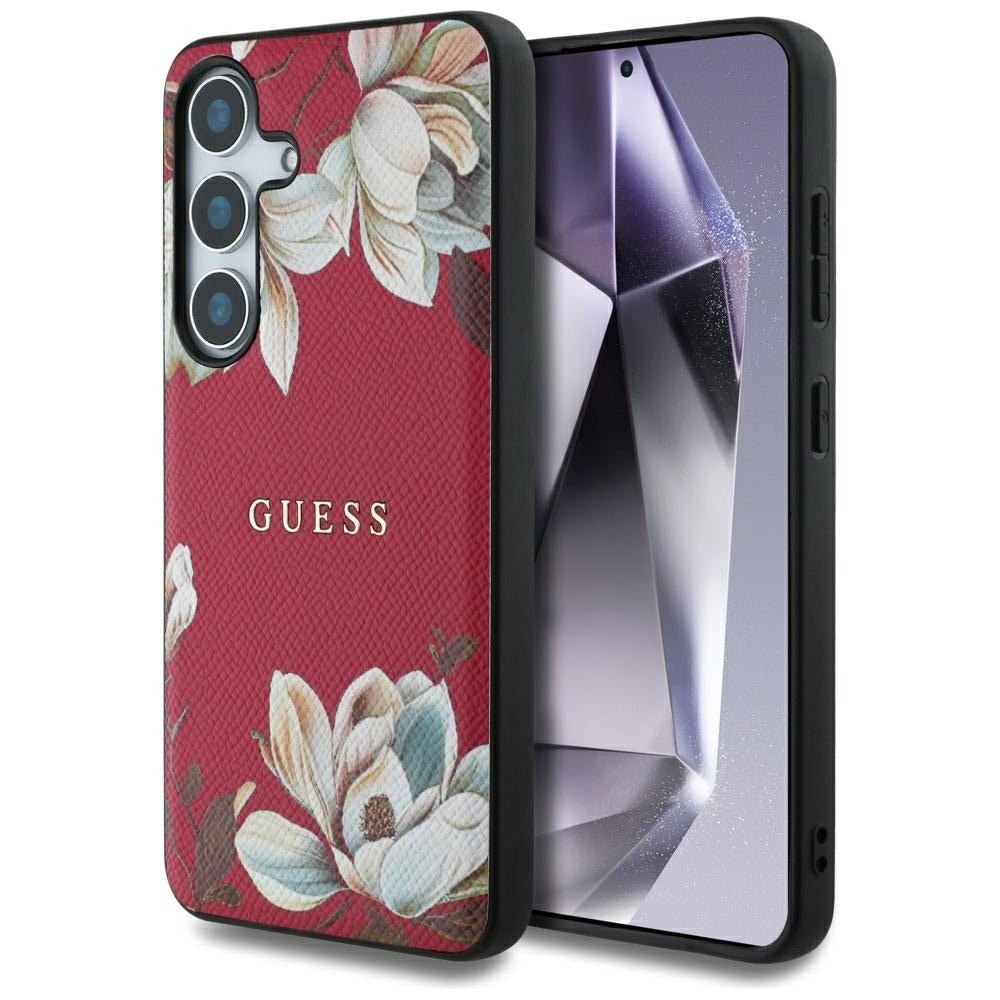 Guess Samsung Galaxy S25 - Grained Printed Flower Pattern - Θήκη με Επένδυση Συνθετικού Δέρματος και MagSafe - Fuchsia - GUHMS25SPGNMPLMF