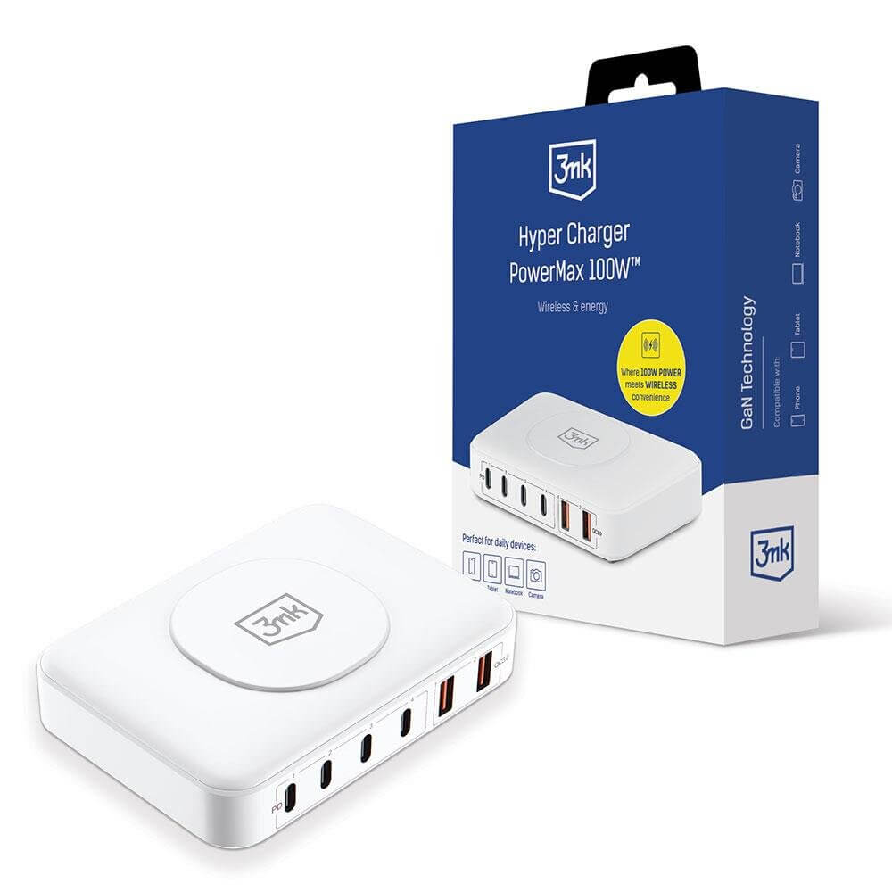 3MK Hyper Charger PowerMax 100W Σταθμός Φόρτισης με Ασύρματη Φόρτιση και 4 Θύρες Type C και 2 Θύρες USB - White