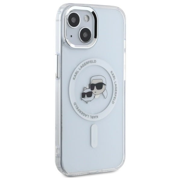 Karl Lagerfeld iPhone 15 - IML Metal Karl and Choupette Head - Σκληρή Θήκη με Πλαίσιο Σιλικόνης και MagSafe - White - KLHMP15SHLSKCH
