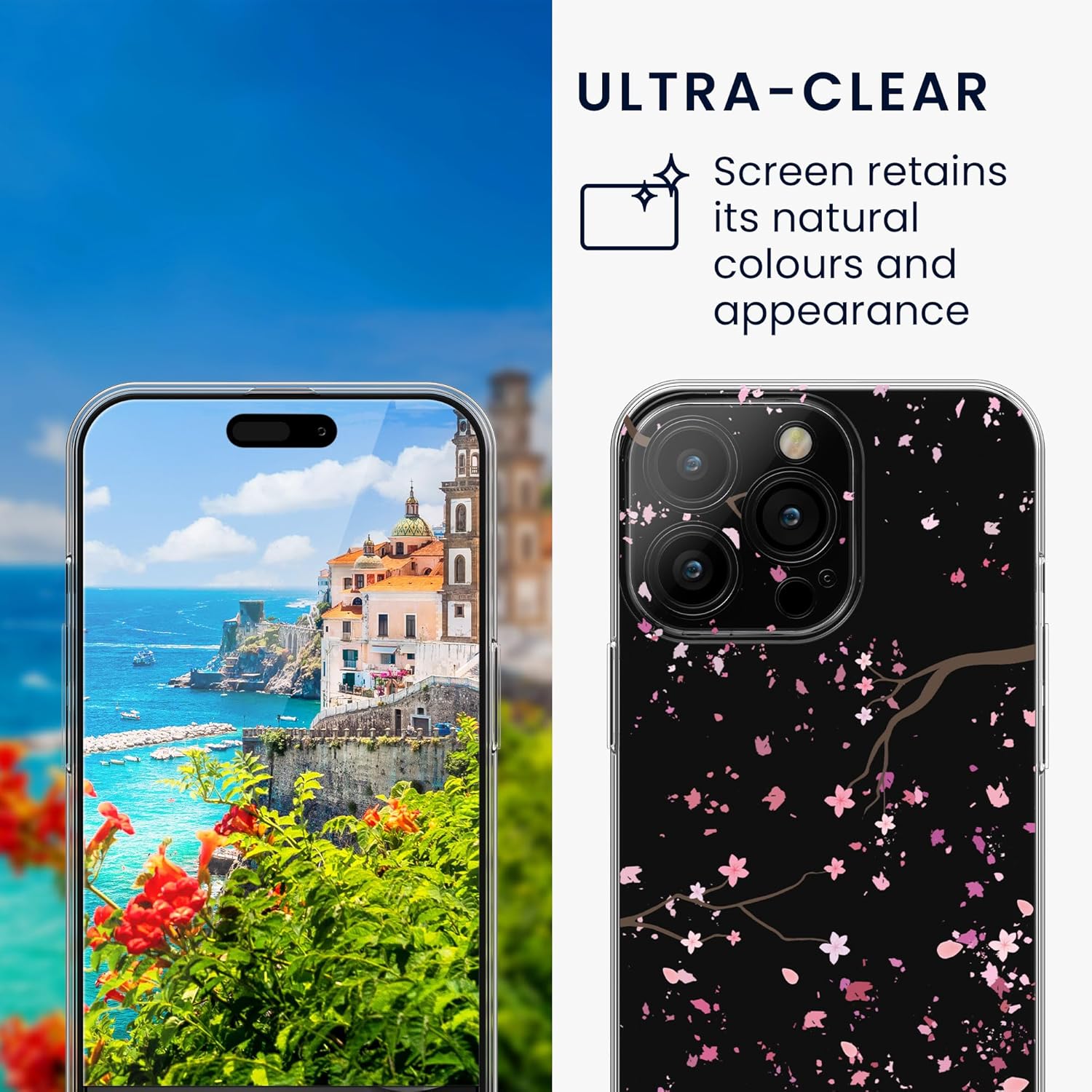 KW iPhone 15 Pro Max Θήκη Σιλικόνης TPU με Αντιχαρακτικό Γυαλί - Design Cherry Blossom Petals - Pink Dark / Brown / Διάφανη