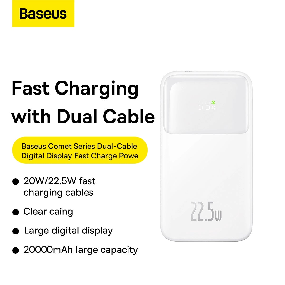 Baseus Comet Series PowerBank 20000mAh 22.5W με Ενσωματωμένα Καλώδια Type - C και Lightning - White - PPMD020102
