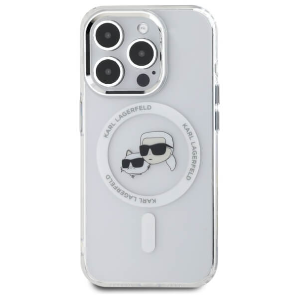 Karl Lagerfeld iPhone 15 Pro Max - IML Metal Karl and Choupette Head - Σκληρή Θήκη με Πλαίσιο Σιλικόνης και MagSafe - White - KLHMP15XHLSKCH