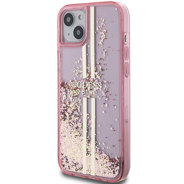 Guess iPhone 15 Plus Liquid Glitter Gold Stripes Σκληρή Θήκη με Πλαίσιο Σιλικόνης - Pink - GUHCP15MLFCSEGP