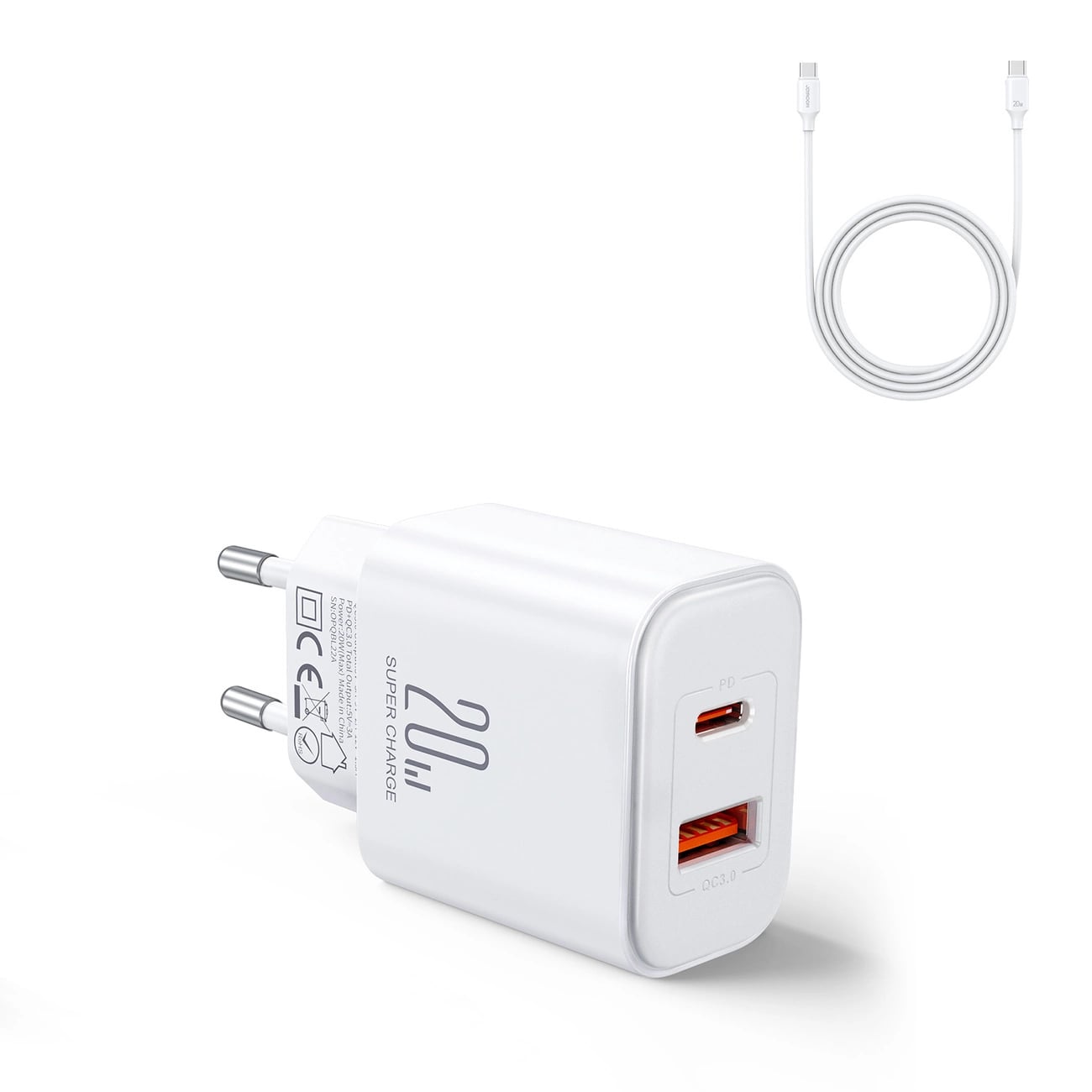 Joyroom PD 20W Οικιακός Φορτιστής Γρήγορης Φόρτισης με Θύρα USB και Θύρα Type - C και Καλώδιο Type - C to Type - C - White - JR - TCF05