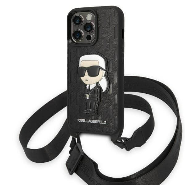 Karl Lagerfeld iPhone 14 Pro - Monogram Ikonik Patch Σκληρή Θήκη με Λουράκι - Black - KLHCP14LSTKMK