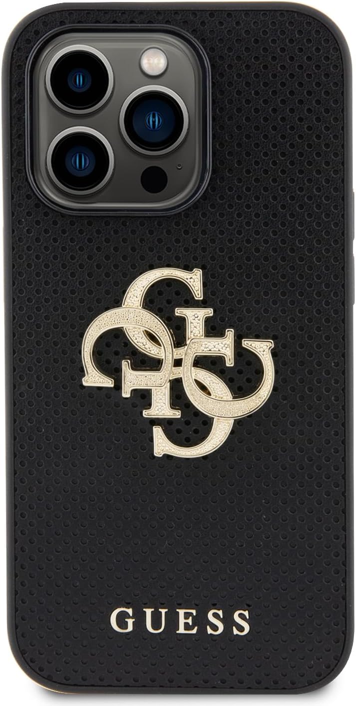 Guess iPhone 15 Leather Perforated 4G Glitter Θήκη με Επένδυση Συνθετικού Δέρματος - Black - GUHCP15SPSP4LGK